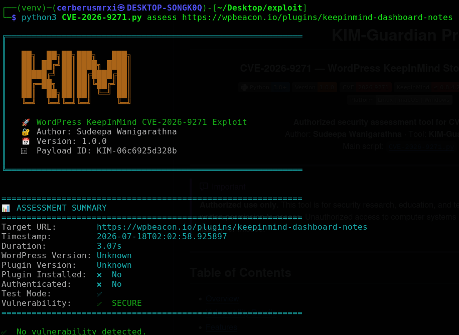 KIM-Guardian Pro CVE-2026-9271 — Evaluación XSS de WordPress KeepInMind Stored